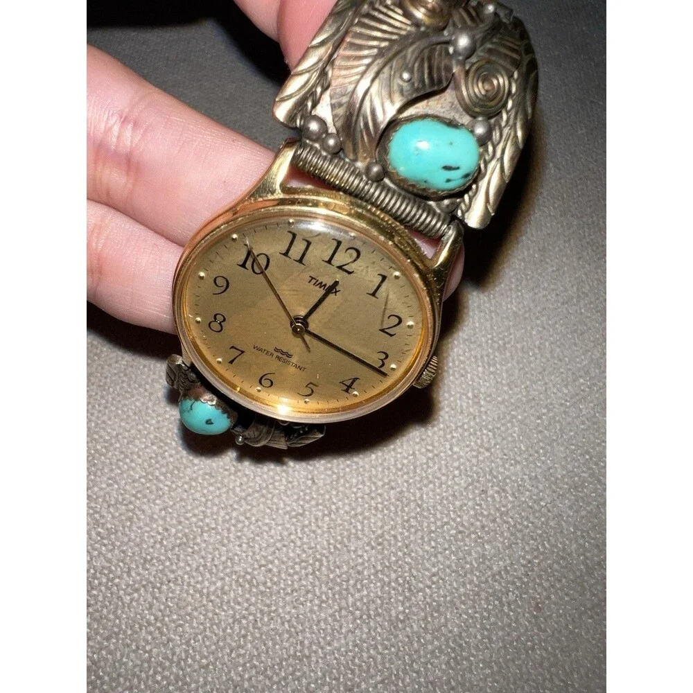 VTG TIMEX 12K TURQUOISE WATCH BAND FLORAL WATER RESISTANT BASE METAL BEZEL